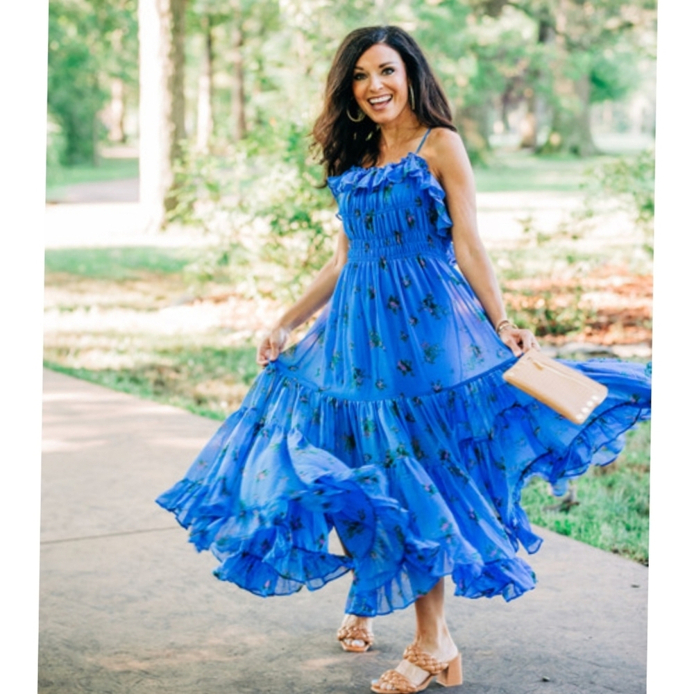 Free People Women's Blue Cloud Nine Smocked Ruffle Maxi Dress Size M